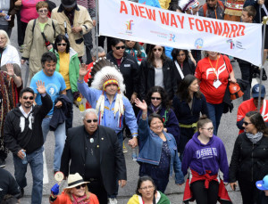 Assembly of First Nations Chief Perry Bellegarde (in headdress) and Justice Murray Sinclair (in black suit), TRC commissioner, march during the Walk for Reconciliation, part of the closing events of the Truth and Reconciliation Commission on Sunday, May 31, 2015 in Gatineau, Que. Beginning in the 1870s, over 150,000 First Nations, Metis and Inuit children were required to attend government-funded, church-run residential schools in an attempt to assimilate them into Canadian society; the last school closed in 1996. Students were prohibited from speaking their own languages, practicing their culture and often experienced physical and sexual abuse. THE CANADIAN PRESS/Justin Tang